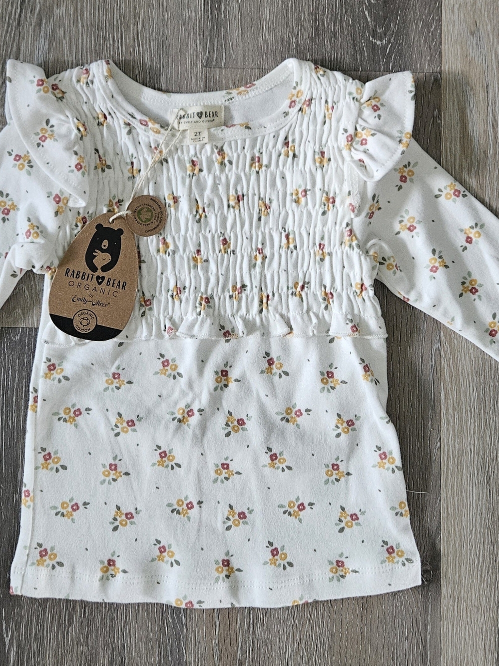 Rabbit & Bear Organic White Floral Long Sleeve Smocked Top